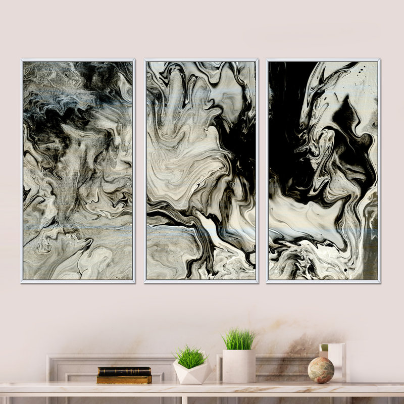 Blanc, gris et blanc peint à la main en marbre acrylique VII - ensemble d'art moderne sur toile encadrée moderne de 3