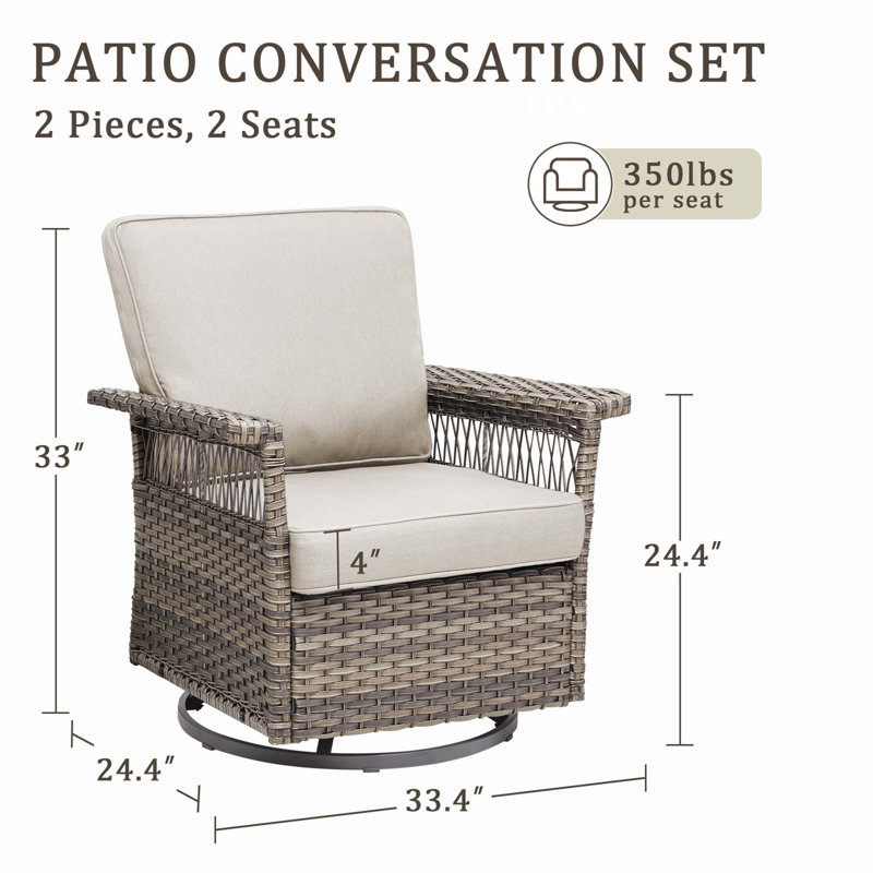 Ensemble de chaises de patio pivotantes avec accoudoirs spacieux et coussins de qualité supérieure, Beige
