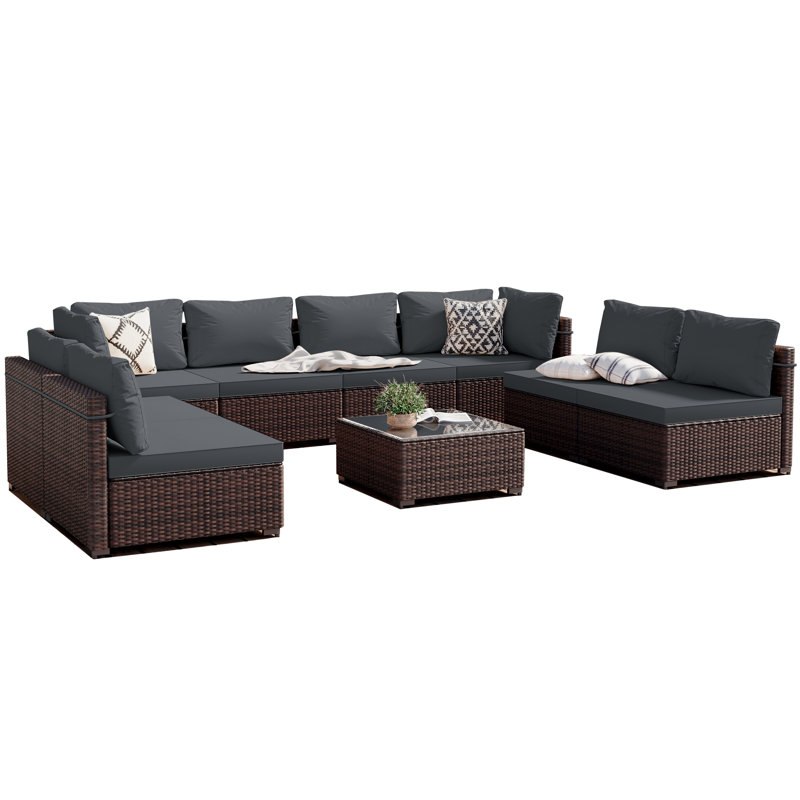 Rosaelena 8 - Person Modular Patio Conversation Sets with Cushions, Dark Gray, Brown