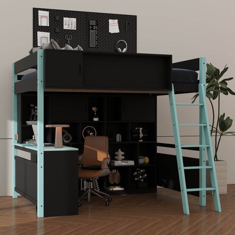 Full-Size Wooden Loft Bed With Integrated Desk And Drawers, Gaming Bed Offering Spacious Storage And Lighting, Blue