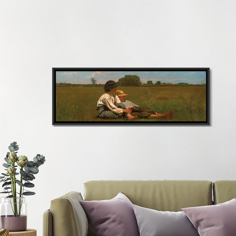 Reproduction d'art sur toile, "Garçons dans un pâture" par Winslow Homer, H 16 po x l 48 po x P 1,5 po, Cadre noir