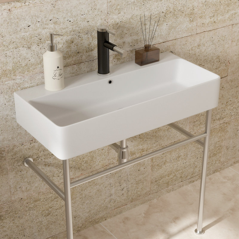 Glossy White Ceramic Rectangular Console Sink with Steel Legs