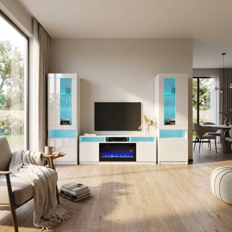 Azniv 110.2" Modern Entertainment Center with Electric Fireplace, High Gloss Finish, Media Storage, White