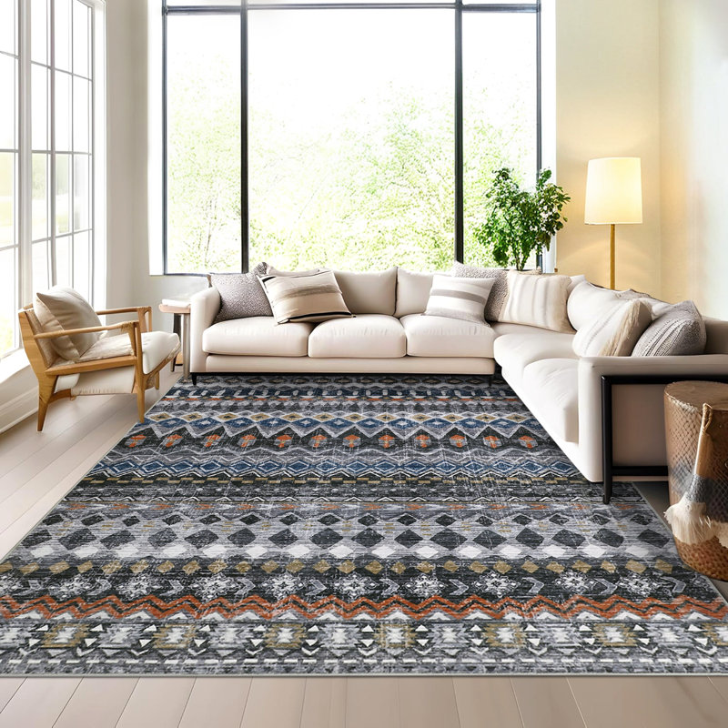 Grand tapis lavable de 10 pi x 13 pi - antidérapant, à poils courts, compact, résistant aux marques et à motif géométrique vieilli pour le salon, la chambre à coucher et le bureau - gris