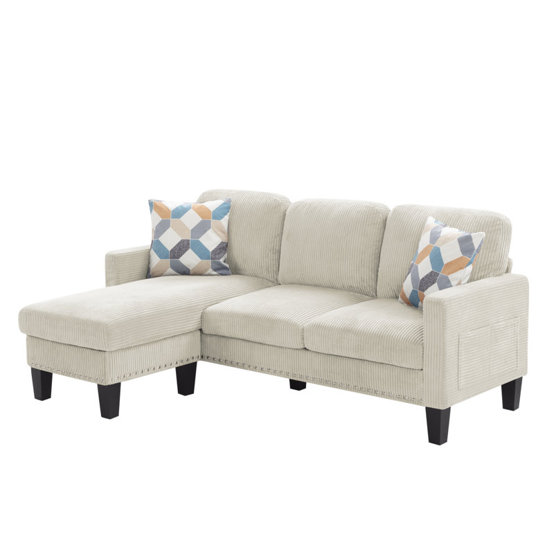 72.64” Beige Corduroy L-Shaped Sectional Sofa With Movable Ottoman & Storage Pocket – Reversible Chaise Lounge, Removable Covers, 4-Seat, 900 Lbs Capacity For Living Room, Apartment, Office