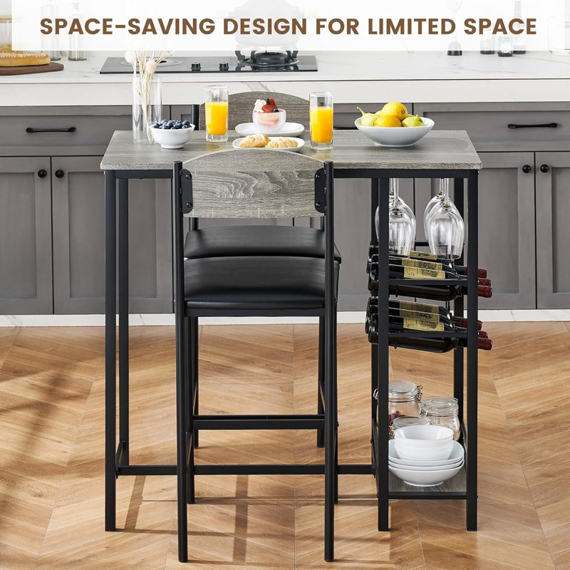Bar Browndining Table Set For 2 With Storage Shelf And Wine Rack – Space-Saving Counter Height Table With Footrest And 2 Easy-To-Assemble Pu Leather Chairs In Brown