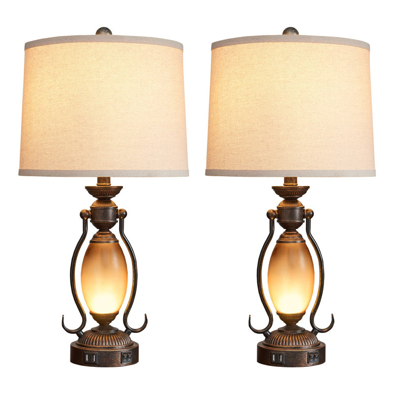 Ensemble de lampes de table 25,5 "rétro avec veilleuse et deux ports USB (ensemble de 2), Brun