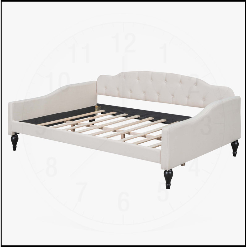 Lit de jour double capitonné capitonné, beige avec lin durable et design à oreilles élégant pour la vie moderne