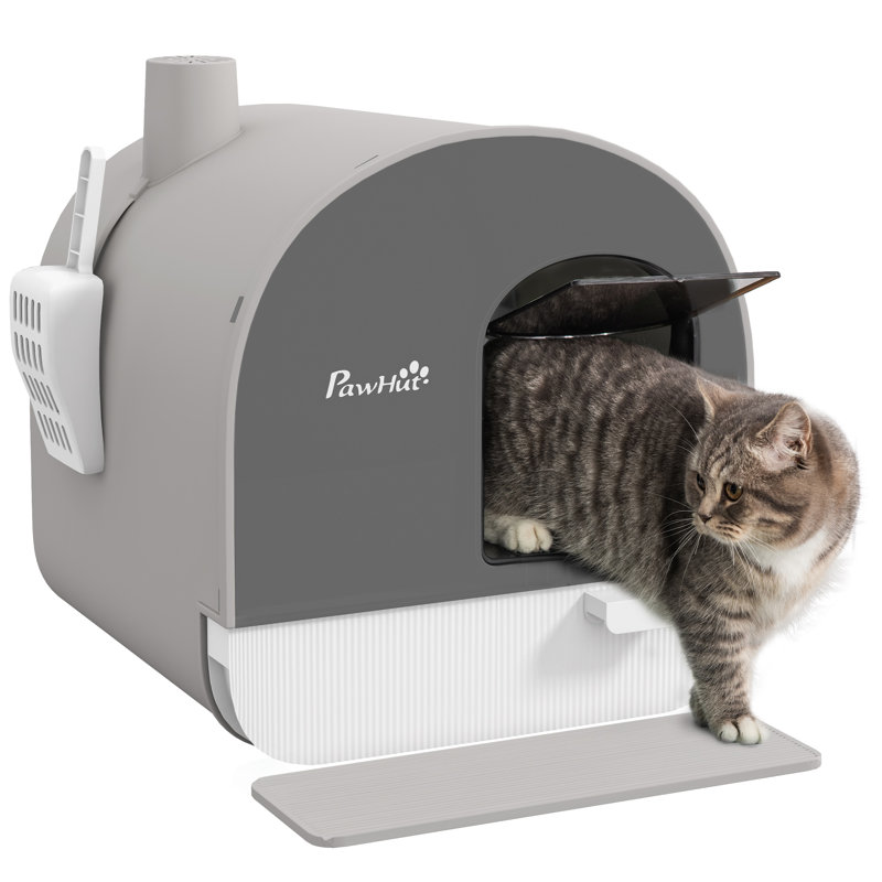 Plastic Litter Box Enclosure with Scoop, Grey/White