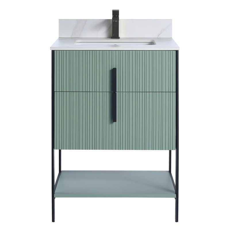 Meuble-lavabo moderne avec plateau en pierre Serenity, Vert menthe / noir, 24", Marbre de Carrare blanc