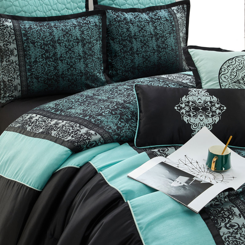Arabesque 8 Piece Traditional Comforter Set, California King Comforter + 7 Additional Pieces, Blue/Gray/Black