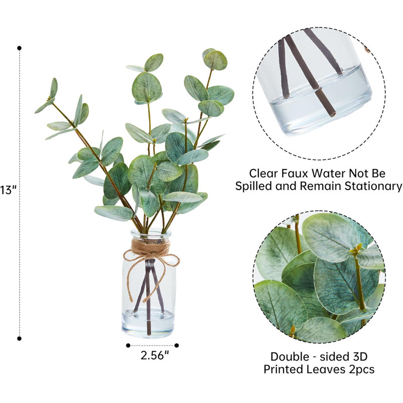 13 "tiges d'eucalyptus artificiel 13" dans un vase (paquet de 2), faux eucalyptus avec feuilles vertes double face, Vert
