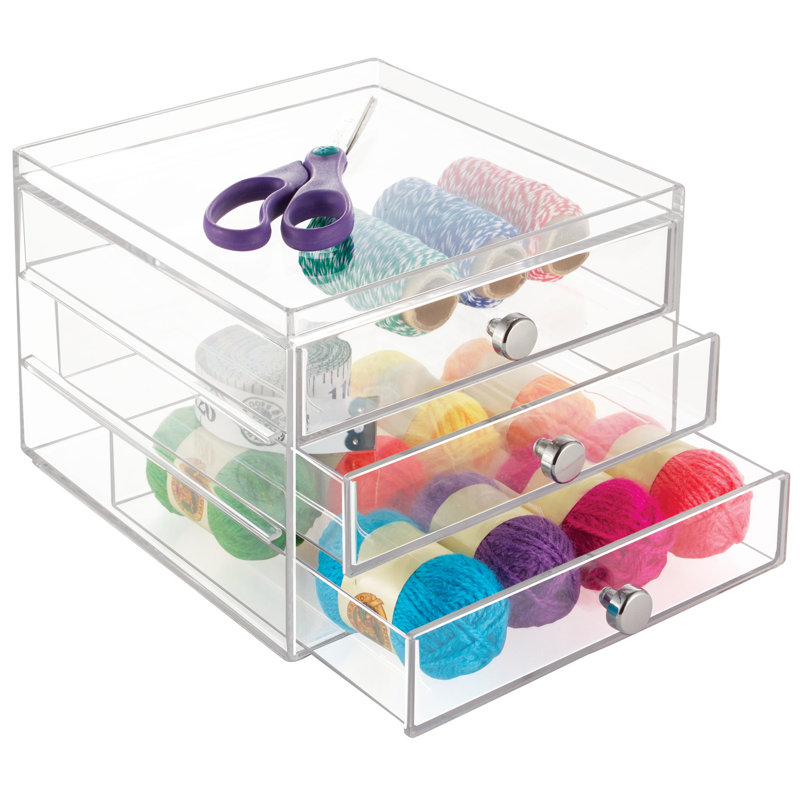 Clear Plastic 3-Drawer Slim Desk Organizer with Chrome Knobs