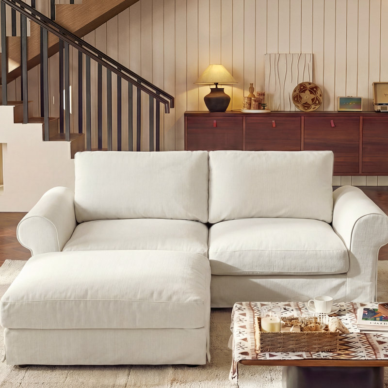 Canapé deux places rembourré avec pouf, accoudoirs arrondis et base à jupe, blanc, Blanc