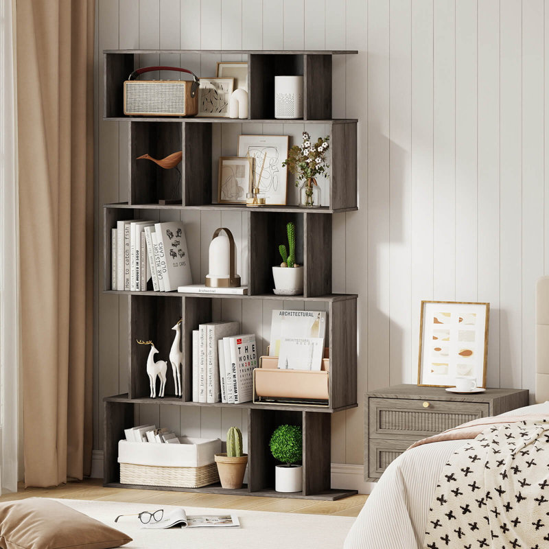 2 PCS 5-Tier Geometric Bookshelf with Open Shelves Closed-back Cubes for Living Room Gray Oak, Gray Oak, 2