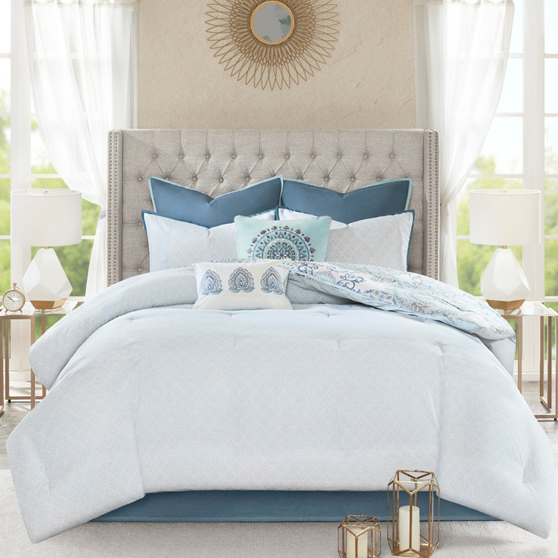 Édredon en coton bleu grand 8 pièces - réversible, style chic décontracté, motif floral non réversible, motif floral