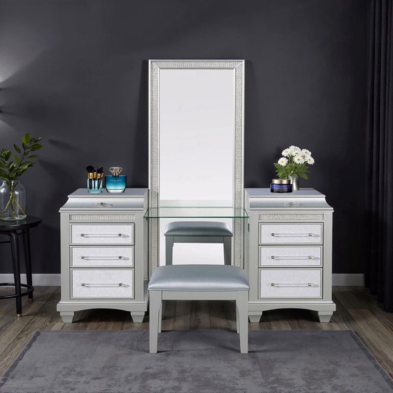 Vanity W/ Stool Set Acrylic Handles Felt Lined Top Drawers Ball Bearing Glides With Power Outlet Led On Mirror Gray Finish