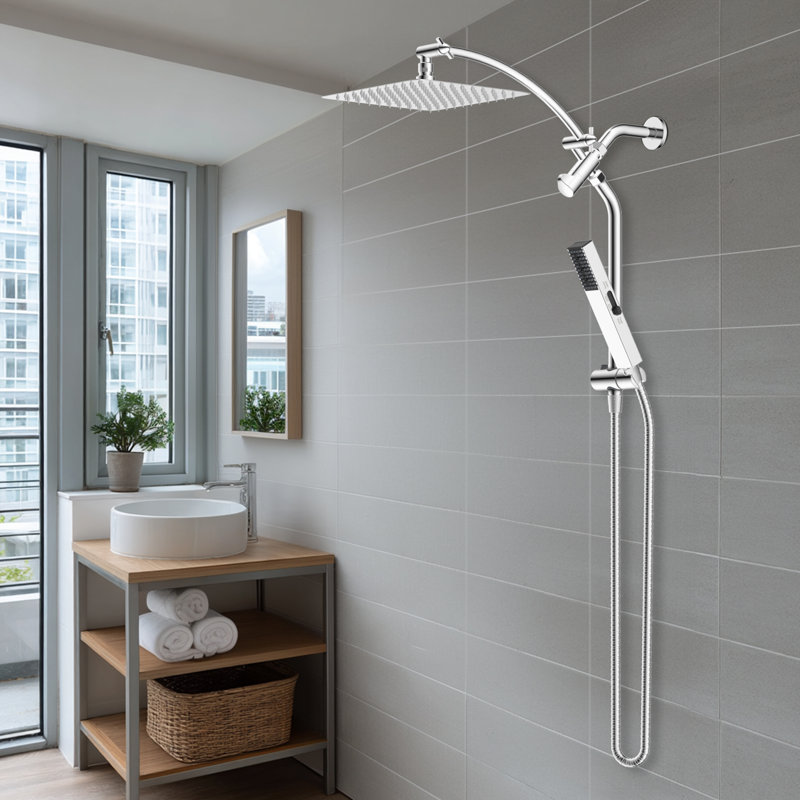 Ensemble de douche 2 en 1 : pommeau de douche effet pluie de 25 cm et douchette à main 4 jets avec bras d’extension réglable de 30 cm, flexible en acier inoxydable de 180 cm et support facile d’accès, chromé.