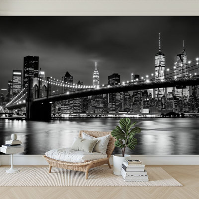Peel and Stick Wallpaper 96" W x 69" H Modern Self Adhesive Wall Mural for Bedroom Brooklyn Bridge skyline night
