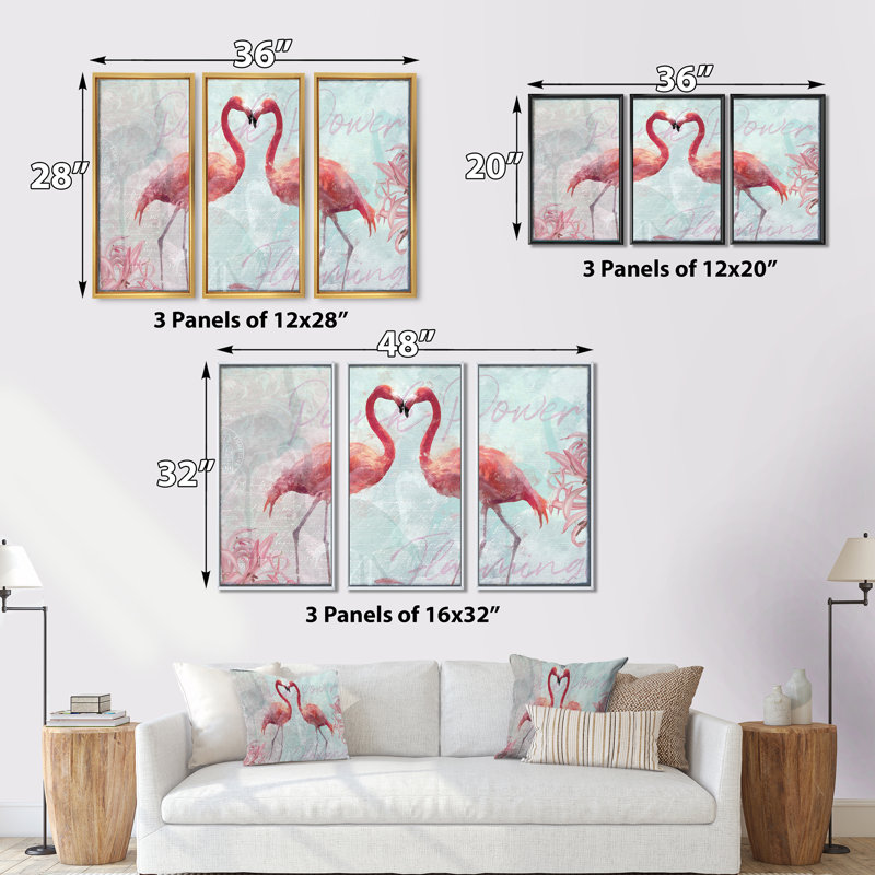 Flamant rose - Ensemble de 3 reproductions d'art sur toile encadrées, H 20 po x l 36 po x P 1 po, Blanc