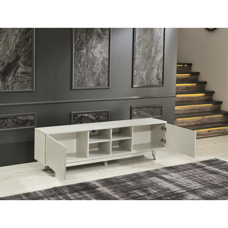 Meuble télé Mid-Century moderne en bois massif gris, 67 po avec 2 portes et 4 tablettes
