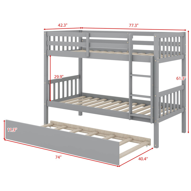Lit superposé simple en bois d'hévéa avec lit gigogne escamotable transformable en deux lits séparés, Gris