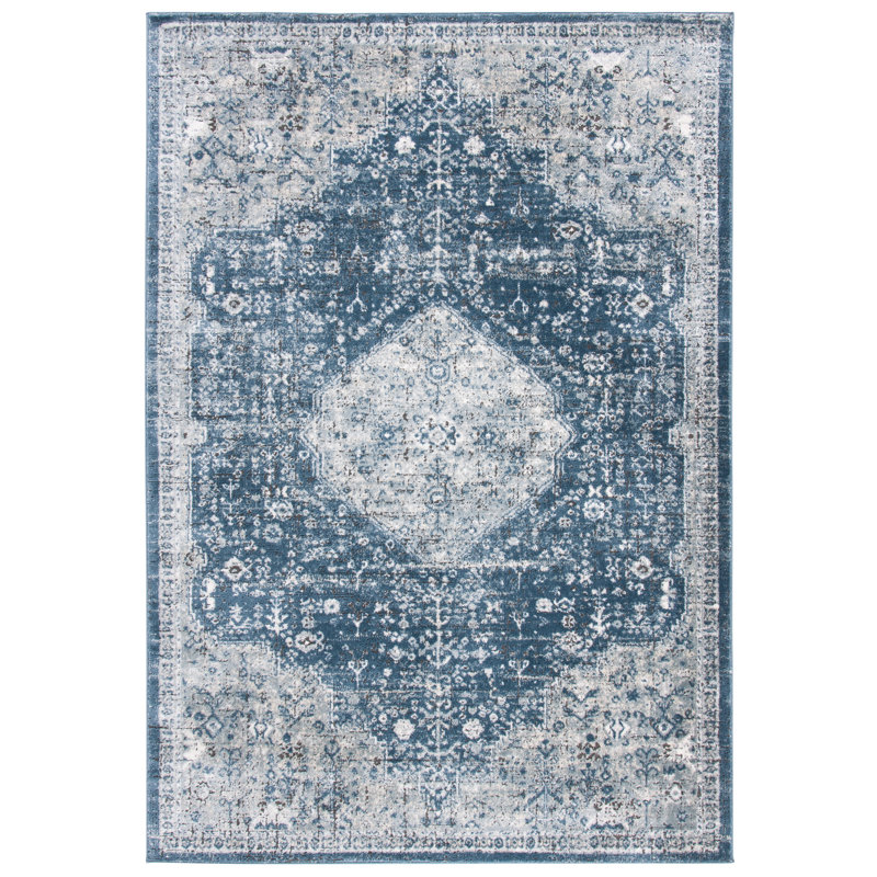Tapis oriental bleu marine / ivoire en polyester / polypropylène tissé à la machine, Rectangulaire 3 pi x 5 pi