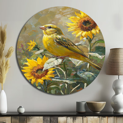 Finch, oiseau dans la ferme, tournesols II - reproduction d'art moderne en métal jaune, oiseau rond, décoration murale en métal