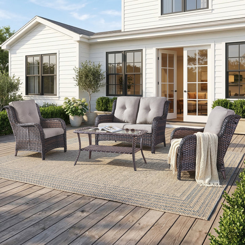 Carolina 4-Person Square Outdoor Conversation Set With Loveseat And Armchair, Beige Cushion/Brown Frame