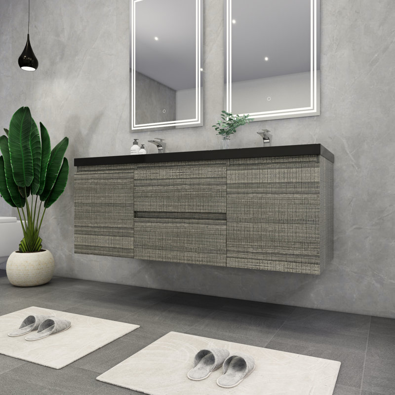 Ensemble de meuble-lavabo double mural 60 po Castin, Gris cendre lustré