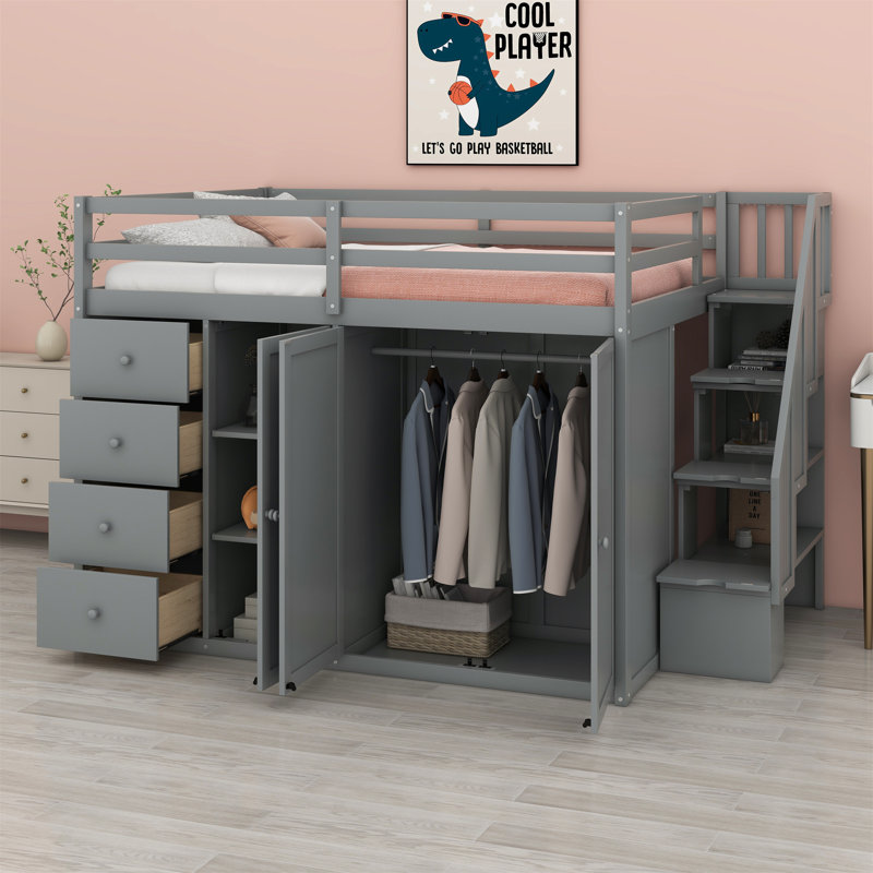 Jeanni Kids Full Loft Bed with Drawers, Gray