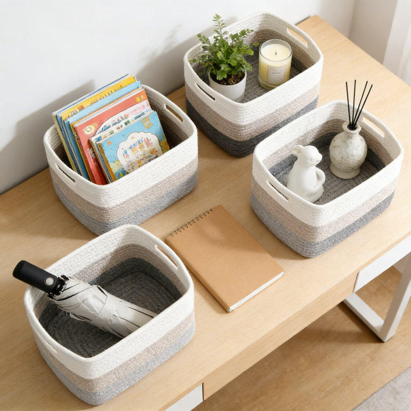 Woven Storage Baskets With Handles, 4-Pack Cotton Rope Organizer Bins For Shelves, Toys, Towels, Books, And Clothes, Foldable For Easy Space Saving
