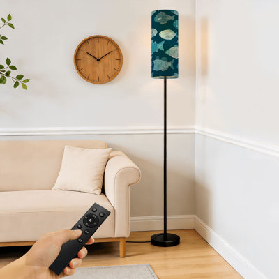 Lampe sur pied à motif d'océan dessiné à la main à motif d'océan blanc à intensité variable moderne avec télécommande et interrupteur au pied