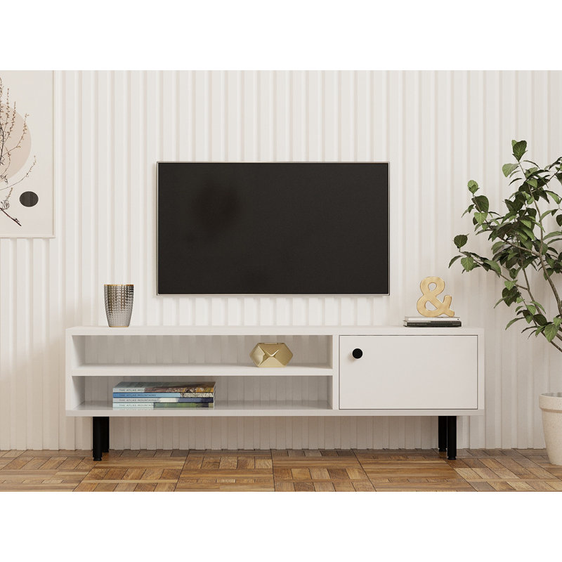 Modern White TV Stand with Wall-Mount Option, 47.2 x 15.7 x 15.0 inches | 100% Melamine Coated Particle Board, Thickness: 0.7 inches | Multiple Shelves for Storage, Stylish and Functional Design for Living Rooms