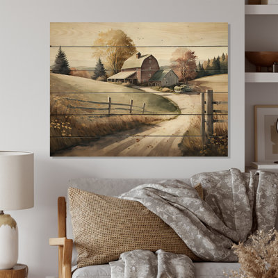 Autrey, chemin vers la grange IV - Art mural bois de campagne / campagne - Bois de pin naturel