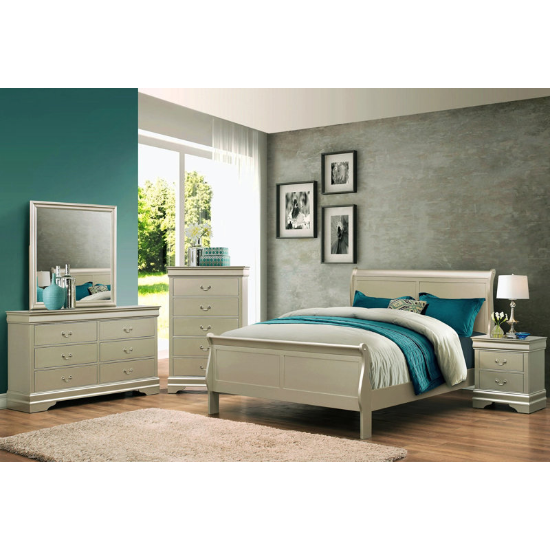 Modern Design Sleigh Bed Frame With Headboard Wooden Bed Frame With Headboardroom Furniture, Full, Champagne