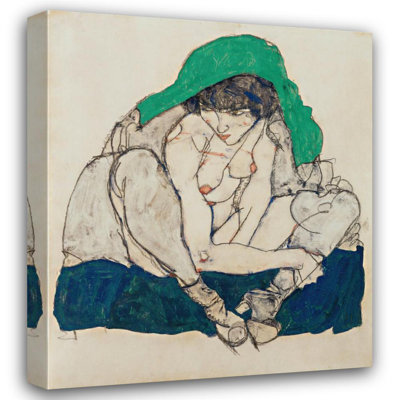 "Crouching Woman with Green Headscarf" by  Egon Schiele - Gallery Wrap Canvas Wall Art