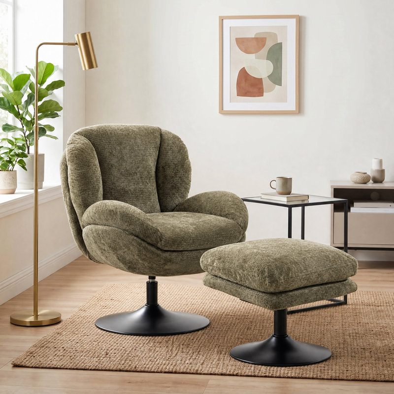 Upholstered Chenille Swivel Lounge Chair With Footstool, Dark Green Chenille