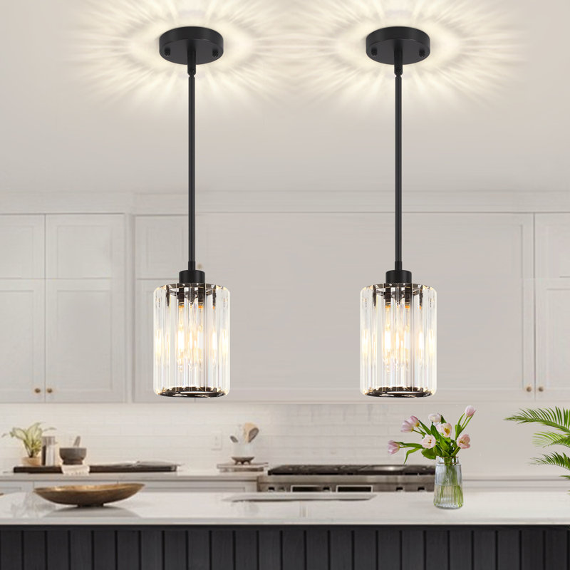 Bette 1-Light Modern Crystal Single Pendant Light With Adjustable Height, Matte Black