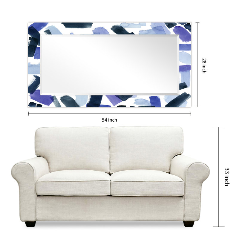 "Cerulean Strokes"Rectangular Beveled Mirror on Free Floating Reverse Printed Tempered Art Glass, 54" x 28"