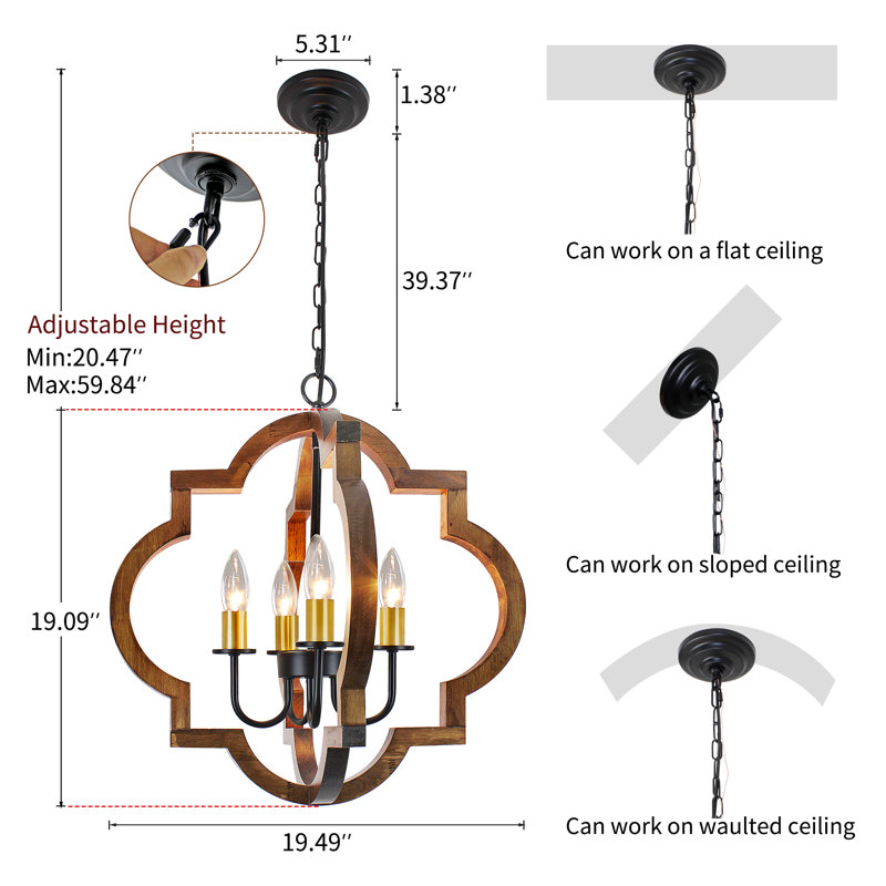 19.49” 4 - Light Candle Style Lantern Geometric Chandelier, Brown/Black/Gold