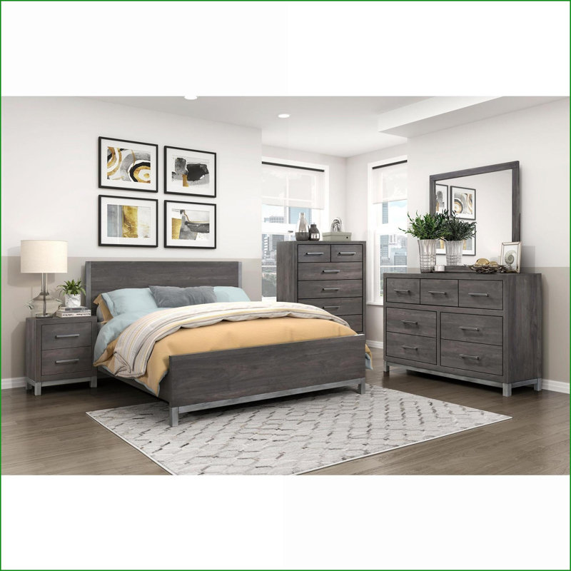 Grand lit en mélamine Lit à panneau en bois à profil bas gris brunâtre avec accents argent antique pour la chambre principale