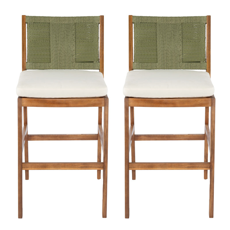 Ensemble de 2 tabourets de bar d'extérieur en bois d'acacia avec dossier en osier vert et coussins crème, Green