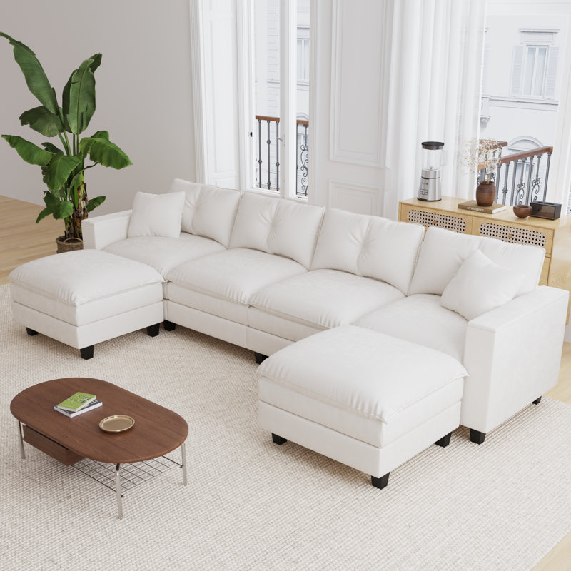 Canapé modulaire en forme de U de 137 po avec repose-pieds et accoudoirs de rangement, Polyester beige