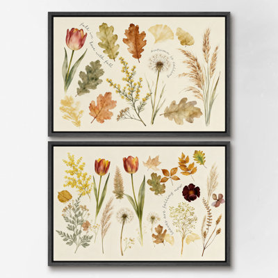Botanical Autumn Leaves and Flowers Illustration – Pictures Framed Canvas Print 2 Pieces Wall Art