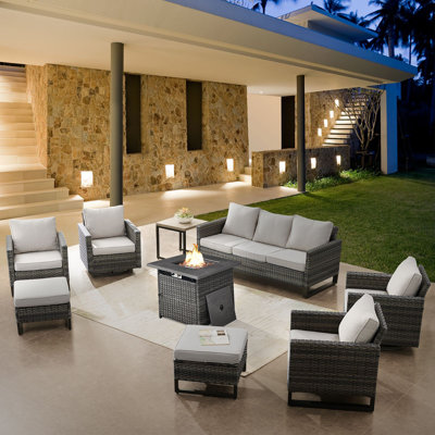 Naresa 9-Piece Outdoor Wicker Furniture Set  3-Seat Sofa  Fire Pit For Cozy Backyard Gatherings