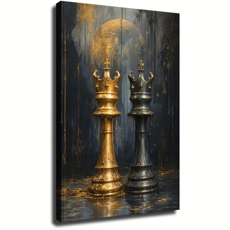 Reproduction d'art mural sur toile, pièces d'échecs de roi noir doré, feuille d'or décorative texturée foncée, décoration murale moderne