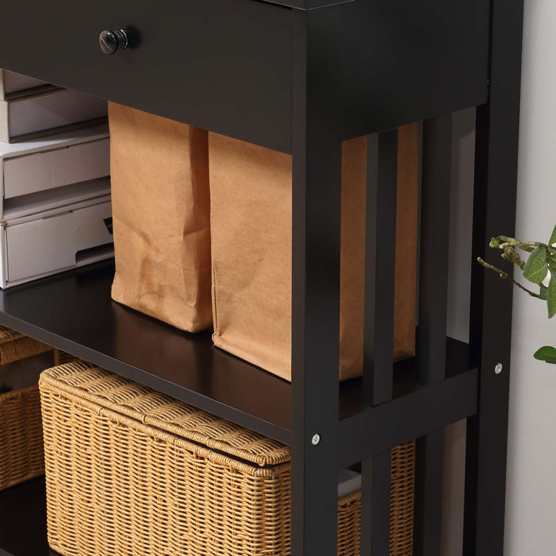 Console de couloir avec tiroir extra large, 2 tablettes ouvertes et structure en lattes de bois , Noir