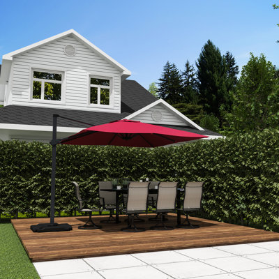 Parasol de patio en porte-à-faux carré de 10 pi en rouge, auvent enduit de 200 g de PA, barrière au soleil Uv50 +, colonne en alliage d'aluminium 8 accessoires en acier, zone de couverture de 10 x 10 ombres, parasol rouge de 360 pieds, housse,
