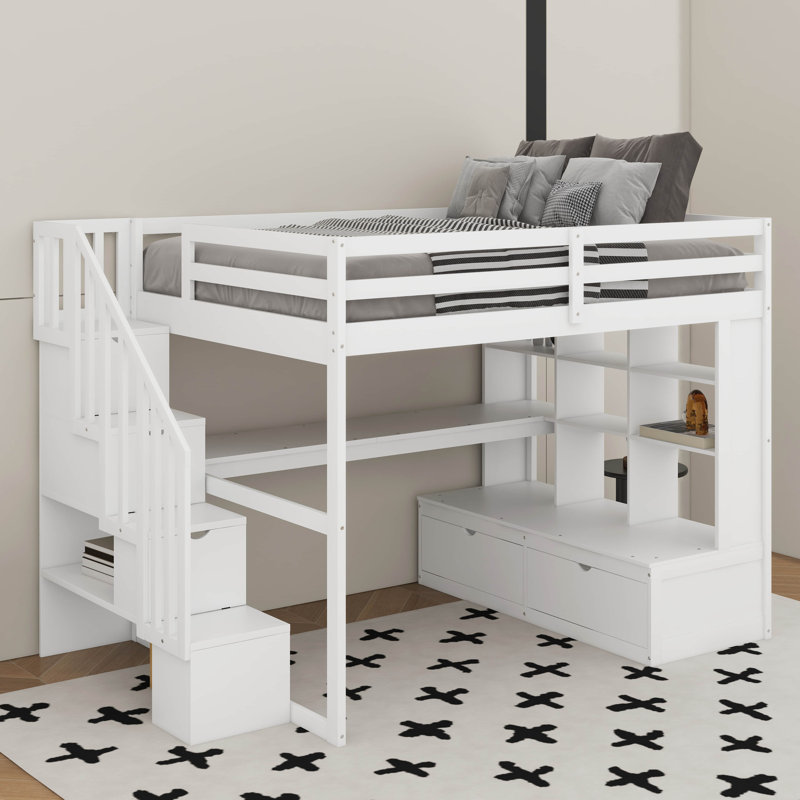 Lit mezzanine double avec bureau, tablettes et tiroirs, Blanc